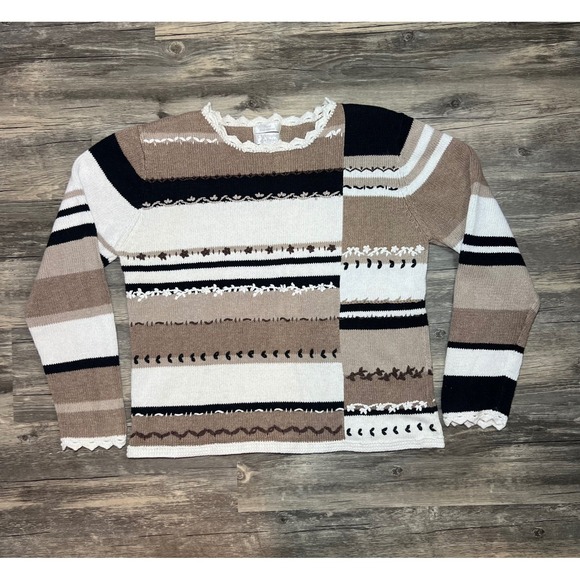Christopher & Banks Sweaters - VTG Christopher & Banks Patchwork Striped Knit Sweater Neutral Boho Cottagecore